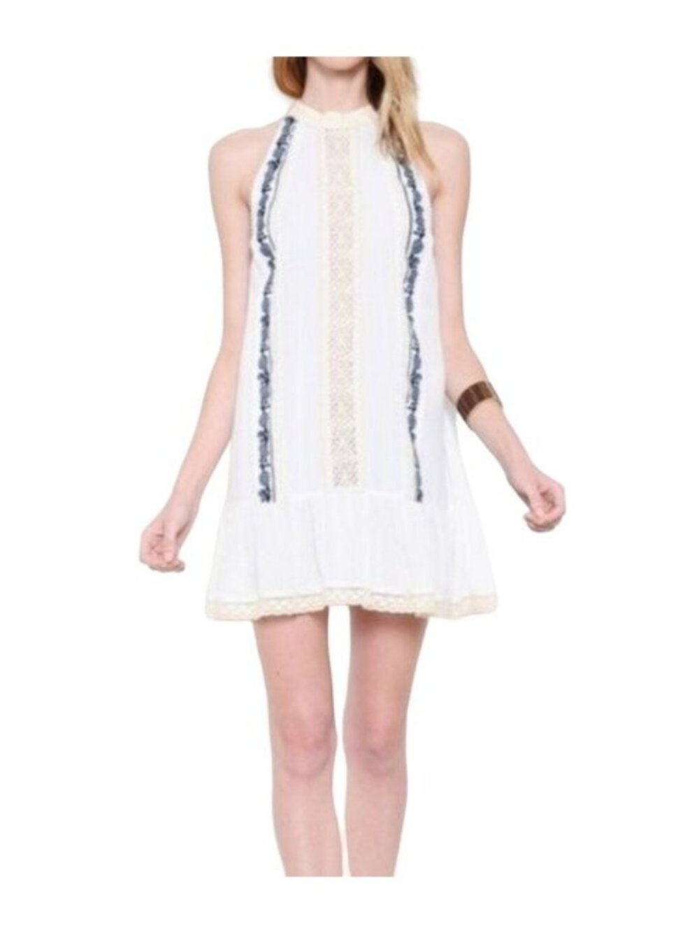 L'atiste Ivory & Navy Embroidered Sleeveless Mini Dress